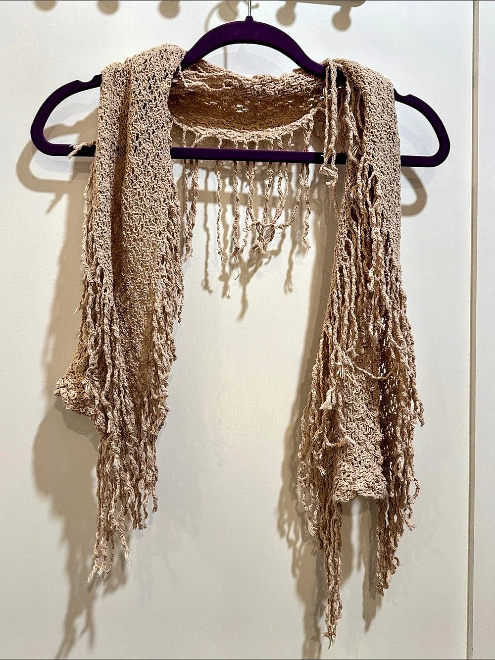 Open-Knit Fringe Scarf in creamy pink